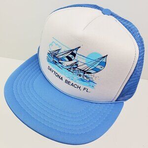 Daytona Beach Vintage Trucker Hat Snapback Foam Mesh Corded Boat Racing Graphic